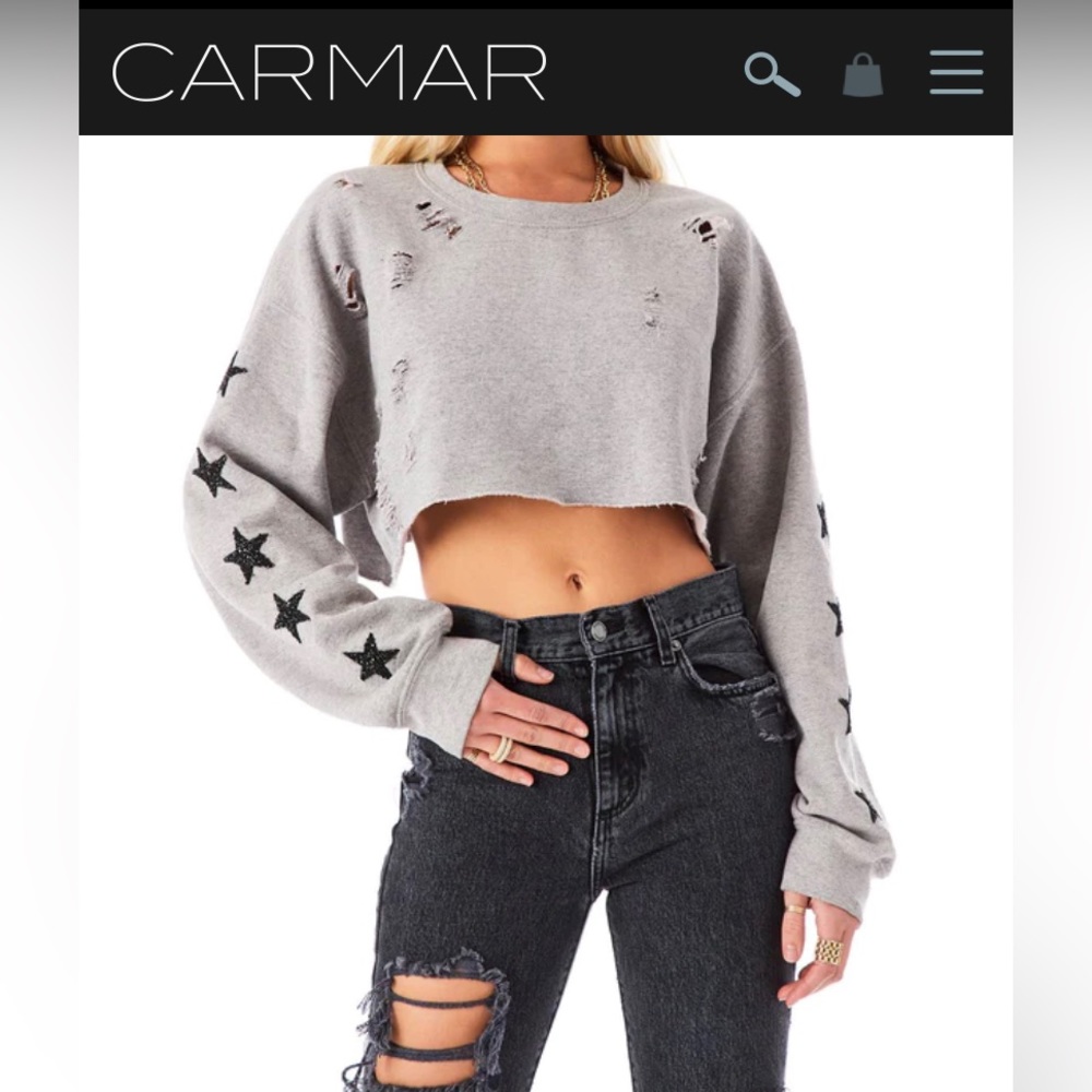 Crop Black Star Patch Ripped Sweatshirt - image 3